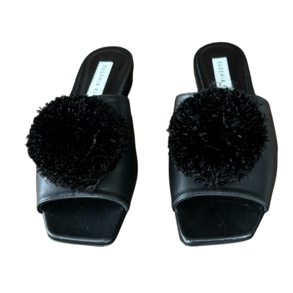 Eugenia Kim Black Leather Slides With Black Large Ostrich Feather Pom Pom Sz 37